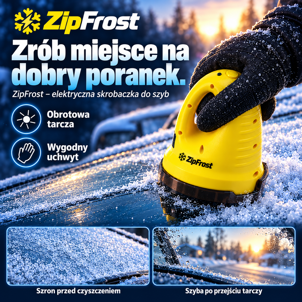 Dłoń w rękawiczce prowadzi ZipFrost po oszronionej szybie